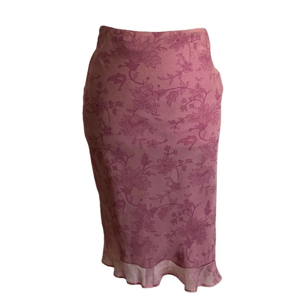 Vision Apparel Women's Vintage 100% Silk Midi Skirt Dual Layered Pink Floral Med